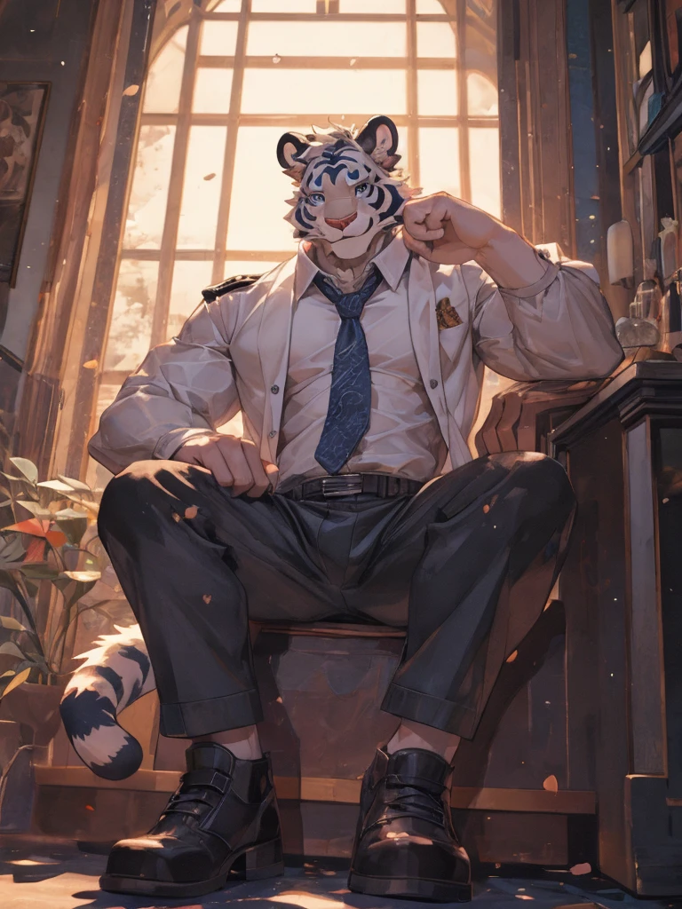 {{bara extremely handsome white tiger,}} {{white fur,}} white, wearing military like purple trench coat, purple trousers, white dress shirt and necktie, white fluffy furry body and limbs, loafers, very tall, very broad shoulders, narrow waist, muscular arms, massive pecs, purple eyes, very long legs, sitting on swivel chair with legs spread, massive bulge, reading file, sophisticated hot look, full body, sunlight casting over, 3/4 view, best quality, high quality, silver earring on left ear, sultry smirk