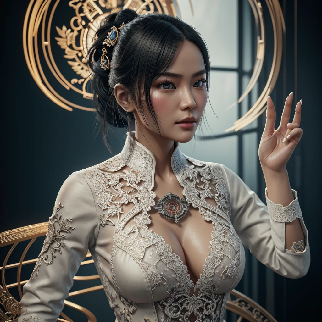 Character sheet, ultra-detailed complex 3d rendering with porcelain profile of Vietnamese character, maximalist beautiful studio soft light, rim lighting, vibrant details, lace, hyper-realistic, hand, facial muscles, electric wires, microchip, elegant, beautiful background, octane, H.R. style giger