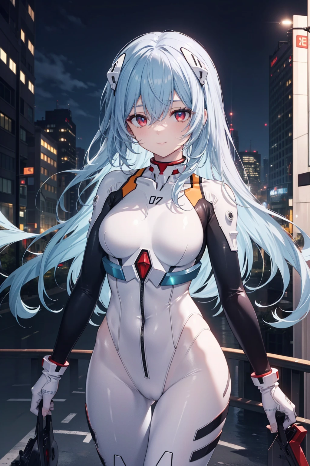 reiayanami, Rei Ayanami, Blue hair,messy_Long_hair, (Red Eyes:1.2),light_smile,(half_eye:1.2)
BREAK bodysuit, headgear, plugsuit, White bodysuit,cowboy_shot,
BREAK outdoors, city,
BREAK looking at viewer, 
BREAK (masutepiece:1.2), Best Quality, High resolution, Unity 8k Wallpaper, (Illustration:0.8), (Beautiful detailed eyes:1.6), extra detailed face, Perfect Lighting, extremely details CG, (Perfect hands, Perfect Anatomy),