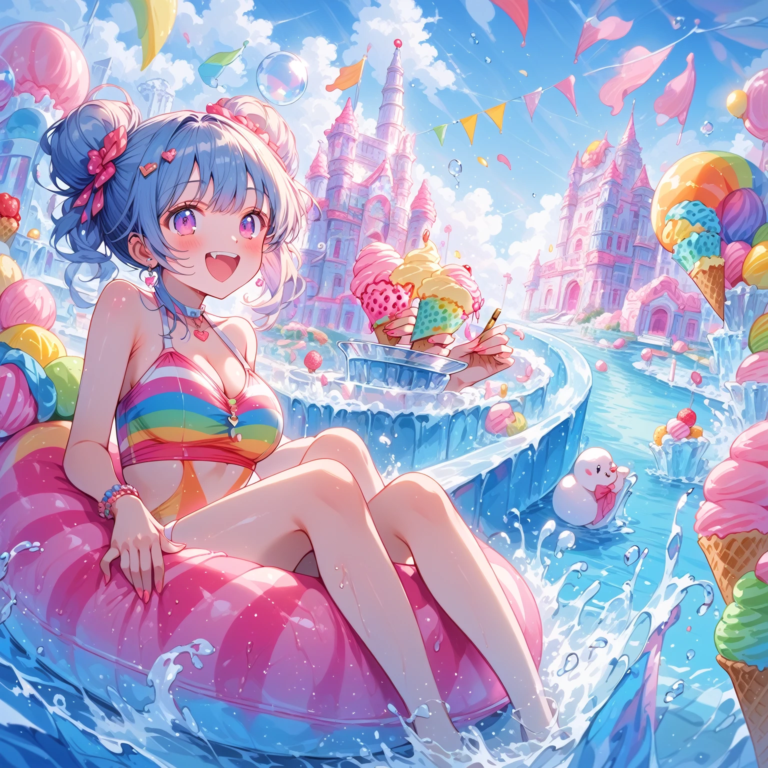 score_9, score_8_up, score_7_up, source_anime,masterpiece, best quality, high resolution, extremely detailed CG, absurdres, highres, A dreamy water park, all the buildings are made of ice-cream, ice cream castle, colorful, girl in swimsuit is sliding down the water slide, happy, neondskdrmsxl, babycreamxl