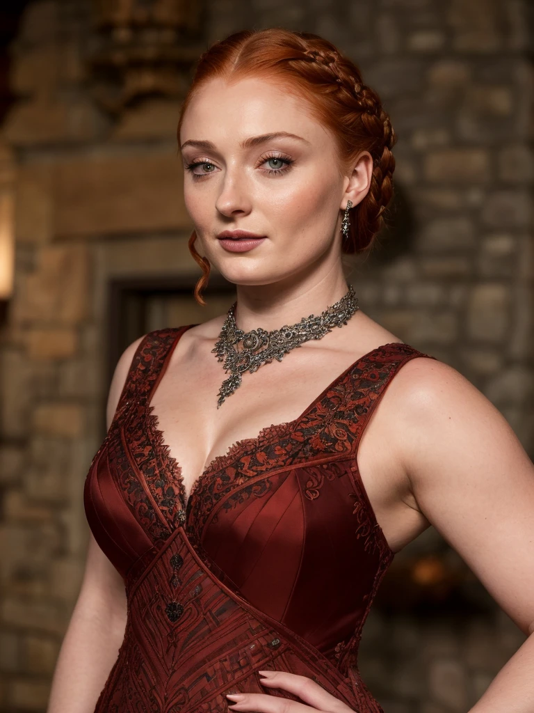 Face of Sophie Turner, Sansa Stark played by Sophie Turner, the de facto Lady of the Eyrie, is a 45-year-old mature queen with a stunning, alluring appearance. Full Face, Full figured woman, heavy physique, thick thighs, pierced eyes, reddish lips, upper body shot, erotic Mediaeval costumes, game of thrones costumes, She wears a Game of Thrones-inspired costume and has a deep cleavage, a perfect thick body, and a perfect thick figure. The photograph captures her in a close-up, with her skin texture and facial features being ultra-realistic and realistic. Juicy thick figure, high quality skin, Skin pores, amazing details, snow, snow flakes, semi realistic, extremely detailed eyes, dark moody orange and black settings, cool environment, artificial intelligence, winter, winter scene, insane details,