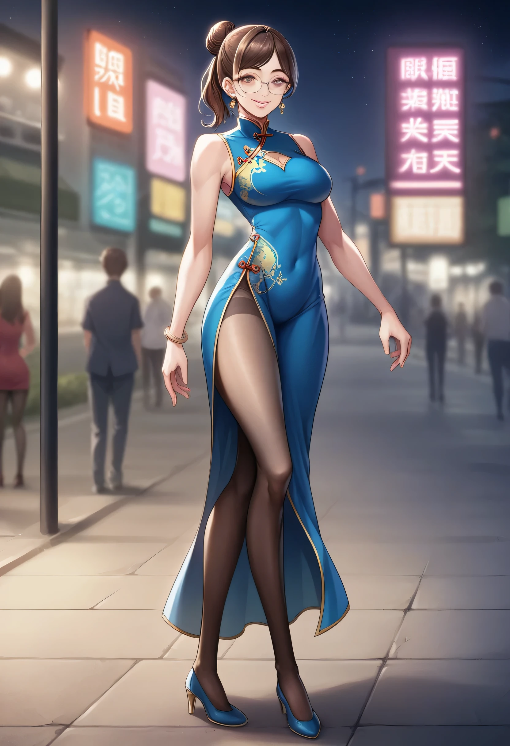 8K, masutepiece, Raw photo, Best Quality, Photorealistic, Highly detailed CG Unity 8k wallpaper, depth of fields, Cinematic Light, Lens Flare, Ray tracing, (Extremely beautiful face, Beautiful lips, Beautiful eyes), intricate detail face, ((Ultra detailed skin)) 1girl in, In the Dark, deepshadow, Pretty Korean girl, Kpop Idol, 1 girl, (Very slim and slender fit muscular body:1.3), ((Looking at Viewer)),(Big smile:1.3), (Fashion City Night, a dark night, (Neon sign), (Blurred background), Fashion Street Night),(No people in the background:1.3), Beautiful earrings, Bracelets, pantyhose, Clear eyes, Walking, (pale skin), (Big eyes), Face forward, (Brown hairs), (Full body shot), ((Blue silk cheongsam:1.3)), ((tight fit dresses)), , (Looking at Viewer:1.3) opened breast, Very slim, medium breasts, backtrack, (Back shot), ass forcus, Before the eyebrows,(Tight Dress), thick thighs,Frameless glasses,Beautiful ponytail