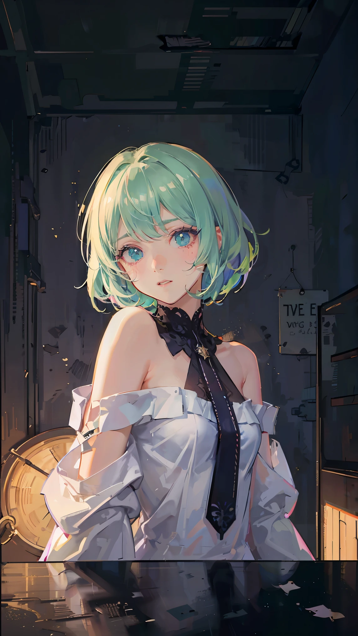 pretty anime girl, 16k quality, masterpiece, ((hyper detail background, delicate pattern, intricate detail)), best quality, intricate detail, chromatic aberration, 1 girl, splashed paint, short hair, lime color hair, messy hair, lime highlights, green eyes, sharp eyes, extremely detailed face, extremely detailed eyes and face, beautiful detail eyes, chokes, brick walls, graffiti, dim lights, alley, oversized shirt, paint on shirt, off shoulder, sheer purple shirt, masterpiece, best quality, extremely detail shadow quality, advance for background and shadows quality, all body, wear a glass, colorful