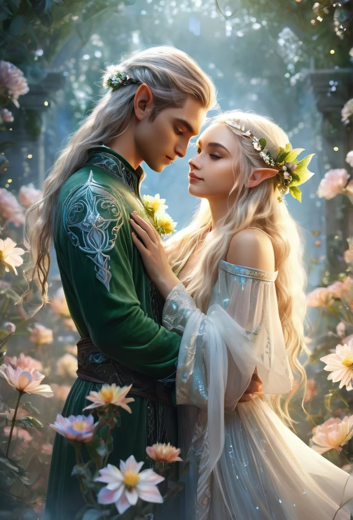 a couple of elves((a boy and a girl)),(beautiful black gir,long curly hair),(handsome blond guy)(elf ears),hugging each other,, sparkling flowers, ,light mist background,delicate, inocente,hiper detailed elf clothes. (high quality),(fantasy illustration),(art work),(refined details)