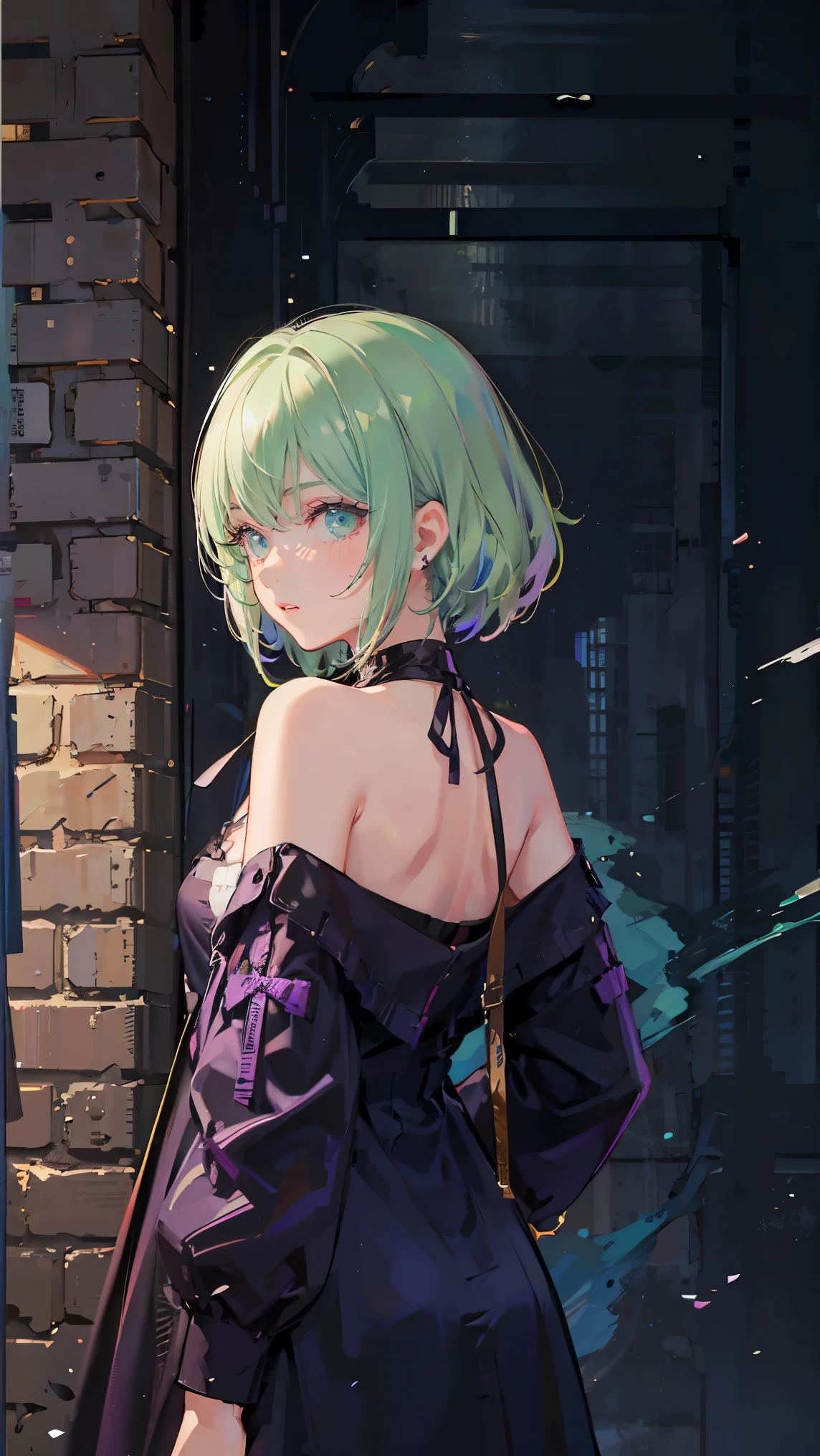 pretty anime girl, 16k quality, masterpiece, ((hyper detail background, delicate pattern, intricate detail)), best quality, intricate detail, chromatic aberration, 1 girl, splashed paint, short hair, lime color hair, messy hair, lime highlights, green eyes, sharp eyes, extremely detailed face, extremely detailed eyes and face, beautiful detail eyes, chokes, brick walls, graffiti, dim lights, alley, oversized shirt, paint on shirt, off shoulder, sheer purple shirt, masterpiece, best quality, extremely detail shadow quality, advance for background and shadows quality, all body, wear a glass, colorful