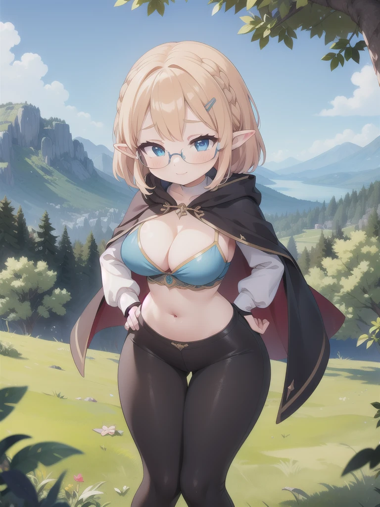 master-piece, bestquality, 1girls,, View viewers from front, HD, slight smile, big tits, cleavage, tights cloth, , tiny body, leaning forward, outdoor, mountain, wear glasses, under tits cleavage, look down, sweater, hands on kneels, stand up, aazelda, short hair, crown braid, hairclip, pointy ears, brown cape, blue shirt, puffy sleeves, long sleeves, fingerless gloves, black gloves, black pants, tight pants, large hips, 