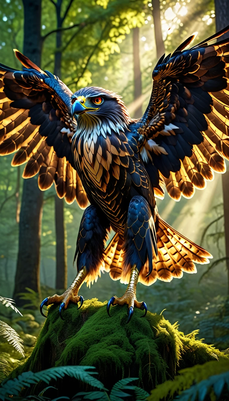 a large mythical beast with the body of a hawk and human hands, detailed feathered wings, sharp talons, glowing amber eyes, intricate scales, majestic pose in a lush forest clearing, dramatic lighting, (best quality,4k,8k,highres,masterpiece:1.2),ultra-detailed,(realistic,photorealistic,photo-realistic:1.37),highly detailed fantasy creature, realistic lighting, conceptual art
