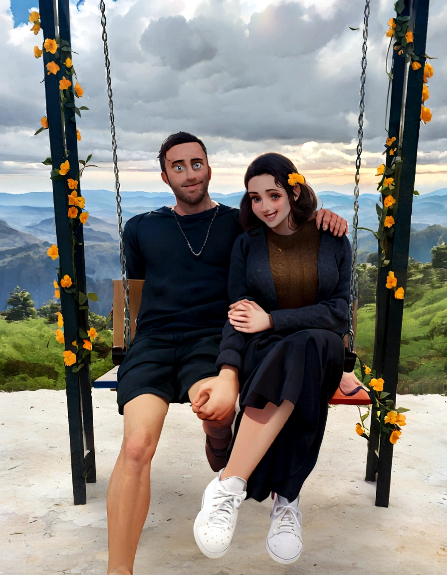 Do pixar style me and my girlfriend on a swing with flowers supporting the swing