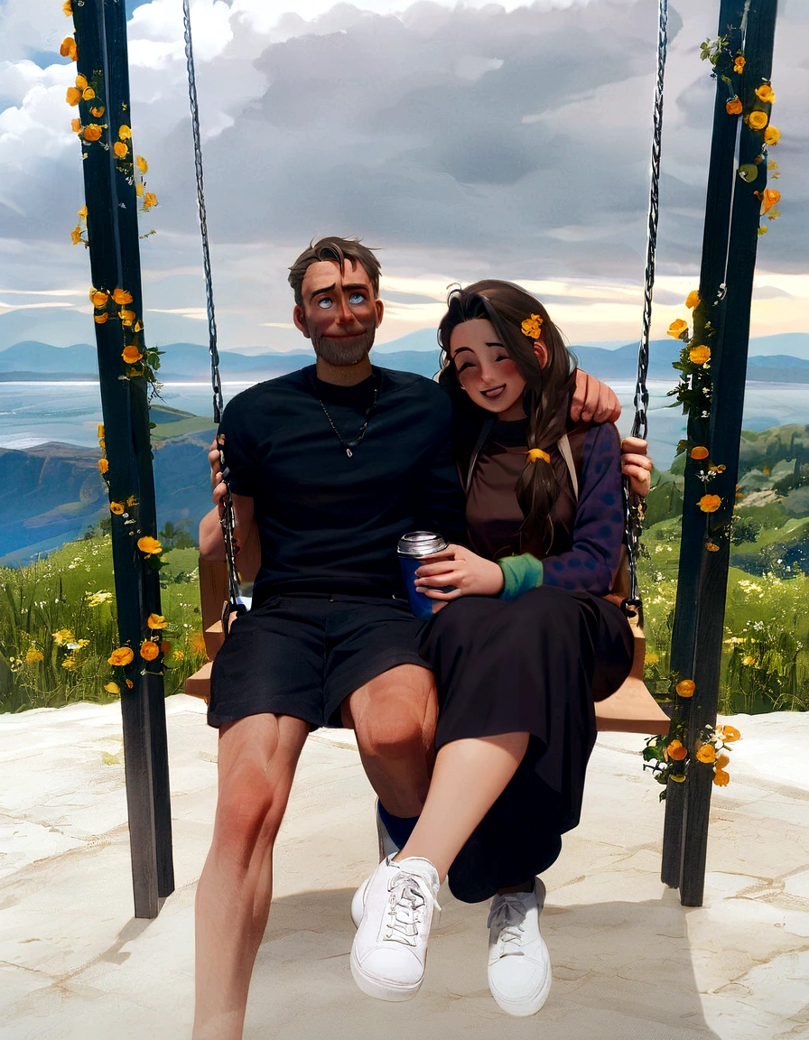 Do pixar style me and my girlfriend on a swing with flowers supporting the swing