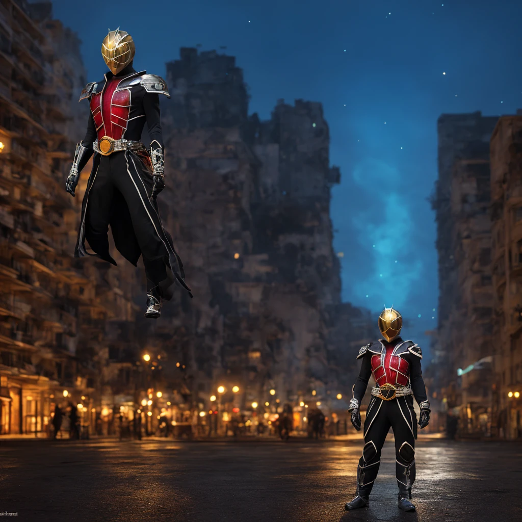 kamen rider wizard。ファンタジー風の全身鎧を身にまとったwoman, Only the eyes were exposed、A fully enclosed helmet designed to resemble a crown, Composite Layered Chest Plate, Fully covered shoulder and hand guards, Lightweight waist armor, Close-fitting shin guards, The overall design is sturdy yet flexible, ((The armor emits a blue light., Accented with black and green accents)), Gives off a noble aura, She is floating above the city of the future, This character is、It embodies a hero wearing fantasy surreal style armor elaborately crafted in anime style.。, Exquisite and mature cartoon art style, (Bat Concept Armor, Realistic:1.4, Realistic textured materials:1.2, Professional photos, Cinematic), ((City night view, element, energy, elegant, goddess, woman:1.5)), metallic, High resolution, Highest quality, High resolution, 超detailed, Ultra-fine painting, Very delicate, Anatomically correct, Symmetrical face, 非常にdetailedな目と顔, High quality eyes, creativity, RAW Photos, 超High resolution, 32k, Natural light, Cinematic lighting, masterpiece-anatomy-perfect, masterpiece:1.5、Realistic, Highest quality, masterpiece, difficult_suit, A street with towering skyscrapers,Neon Light, Holographic Projection, スチームパンクのelement, Concept art by Syd Mead, cyber punk, Digital Painting, Futuristic cityscape, Vibrant, Neon color, Holographic Projection, Intricate details, High resolution, detailed、
