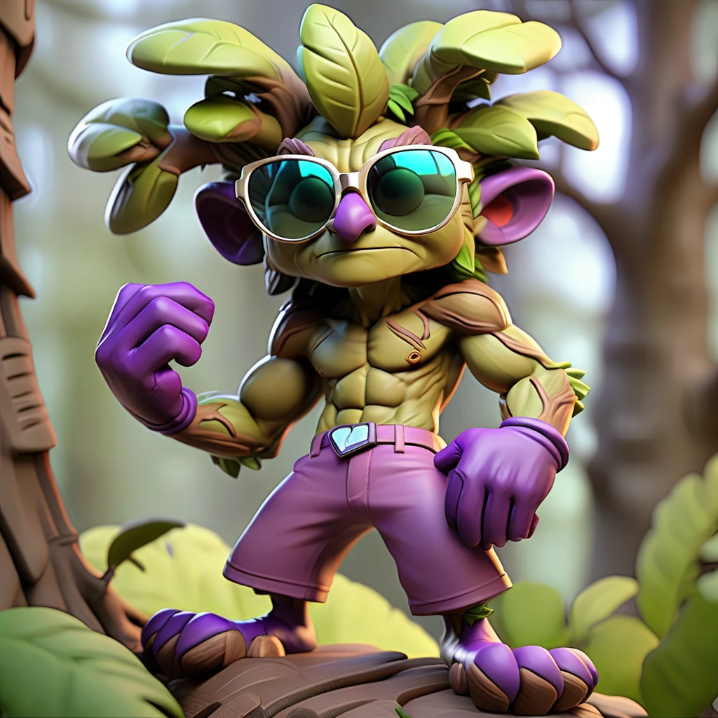 a living tree creature, sunglasses, wearing purple shorts and gloves