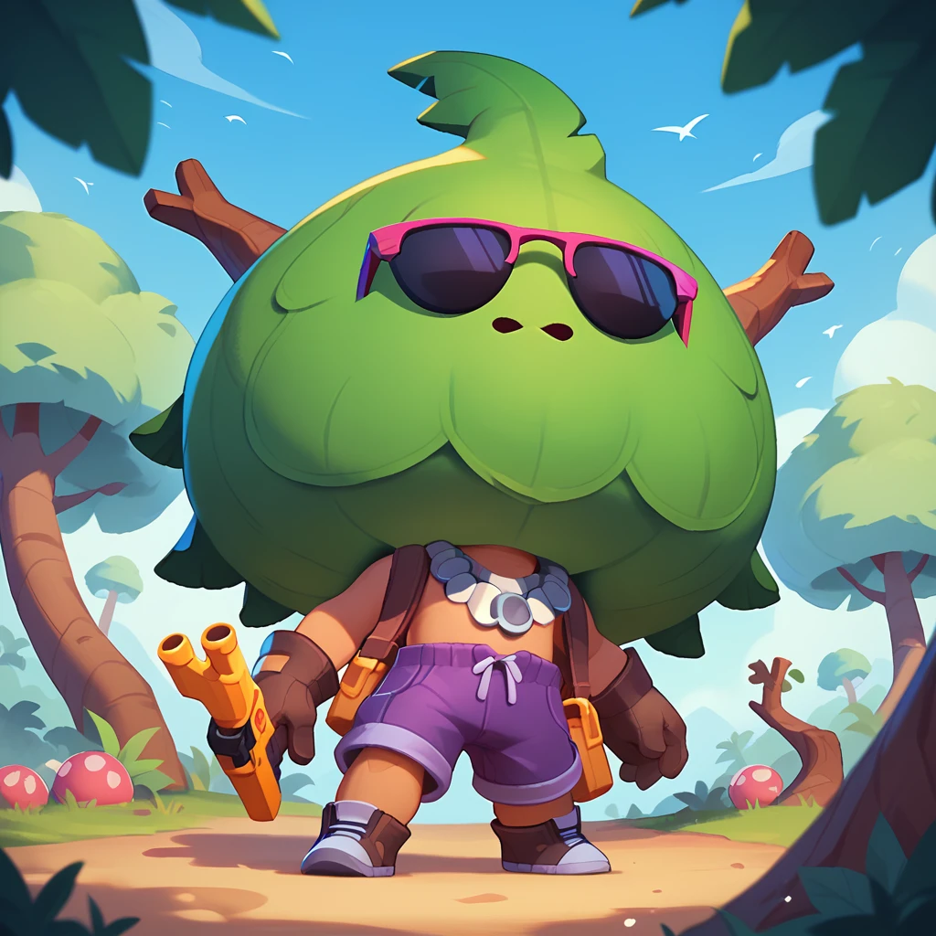 a living tree creature, sunglasses, wearing purple shorts and gloves