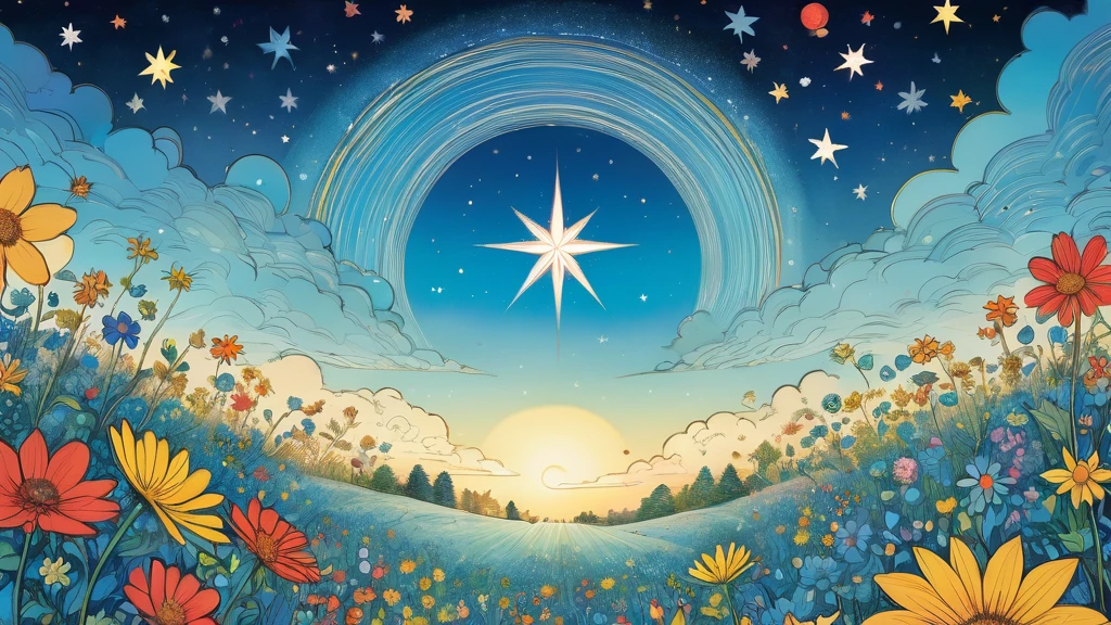 ((Close-up of a large star in the center))、blue sky、flower、looks happy,An illustration,pop,colorfulに,draw with thick lines,color,、Happy dreams,Warm and full of happiness,,colorful,Fancy,Fantasy,,Detailed explanation,Randolph Caldecott Style、Don't draw clouds、