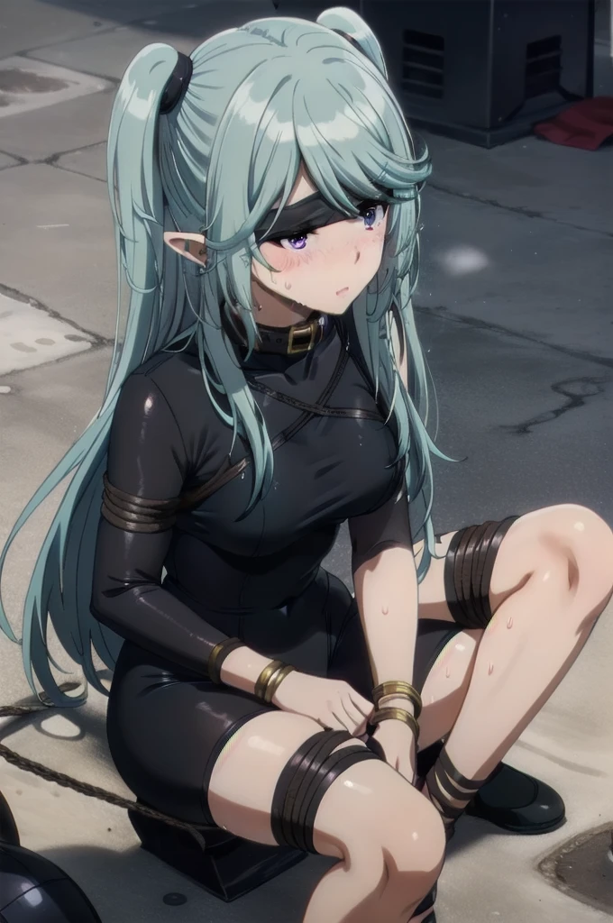 dark blue hair,,long hair,purple eyes,pointy ears,elf,tall,black tight body suit,bondage,tied up,bound,tied wrist,tied legs,blindfold,blush,wet,sweat,rope.collar,leash
