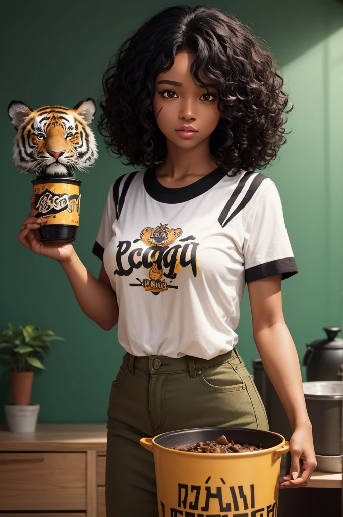 black female, black eyes. Shoulder-length curly hair. Shirt written Maria. With a tiger from the little tiger game holding a pot of gold