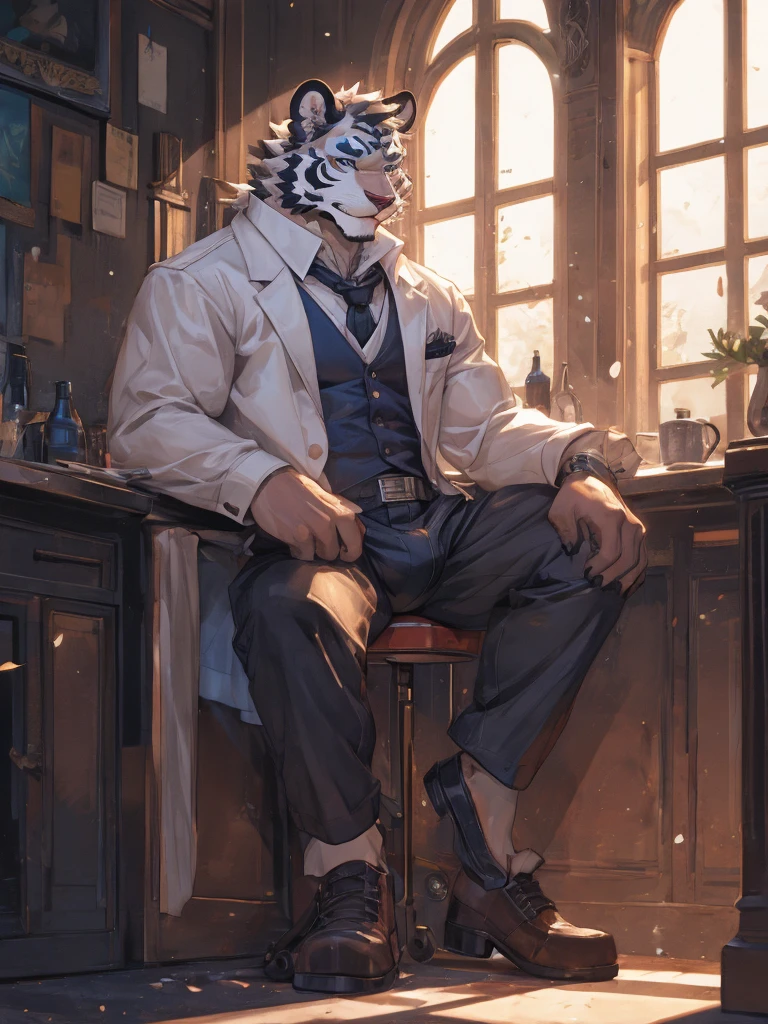 {{bara extremely handsome white tiger,}} {{white fur,}} white, wearing military like purple trench coat, purple trousers, white dress shirt and necktie, white fluffy furry body and limbs, loafers, very tall, very broad shoulders, narrow waist, muscular arms, massive pecs, purple eyes, very long legs,  sitting on swivel chair with legs spread, massive bulge, reading file, sophisticated hot look, full body, sunlight casting over, 3/4 view, best quality, high quality, silver earring on left ear, sultry smirk