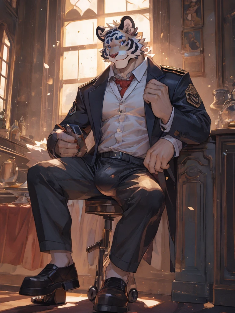 {{bara extremely handsome white tiger,}} {{white fur,}} white, wearing military like purple trench coat, purple trousers, white dress shirt and necktie, white fluffy furry body and limbs, loafers, very tall, very broad shoulders, narrow waist, muscular arms, massive pecs, purple eyes, very long legs, sitting on swivel chair with legs spread, massive bulge, reading file, sophisticated hot look, full body, sunlight casting over, 3/4 view, best quality, high quality, silver earring on left ear, sultry smirk