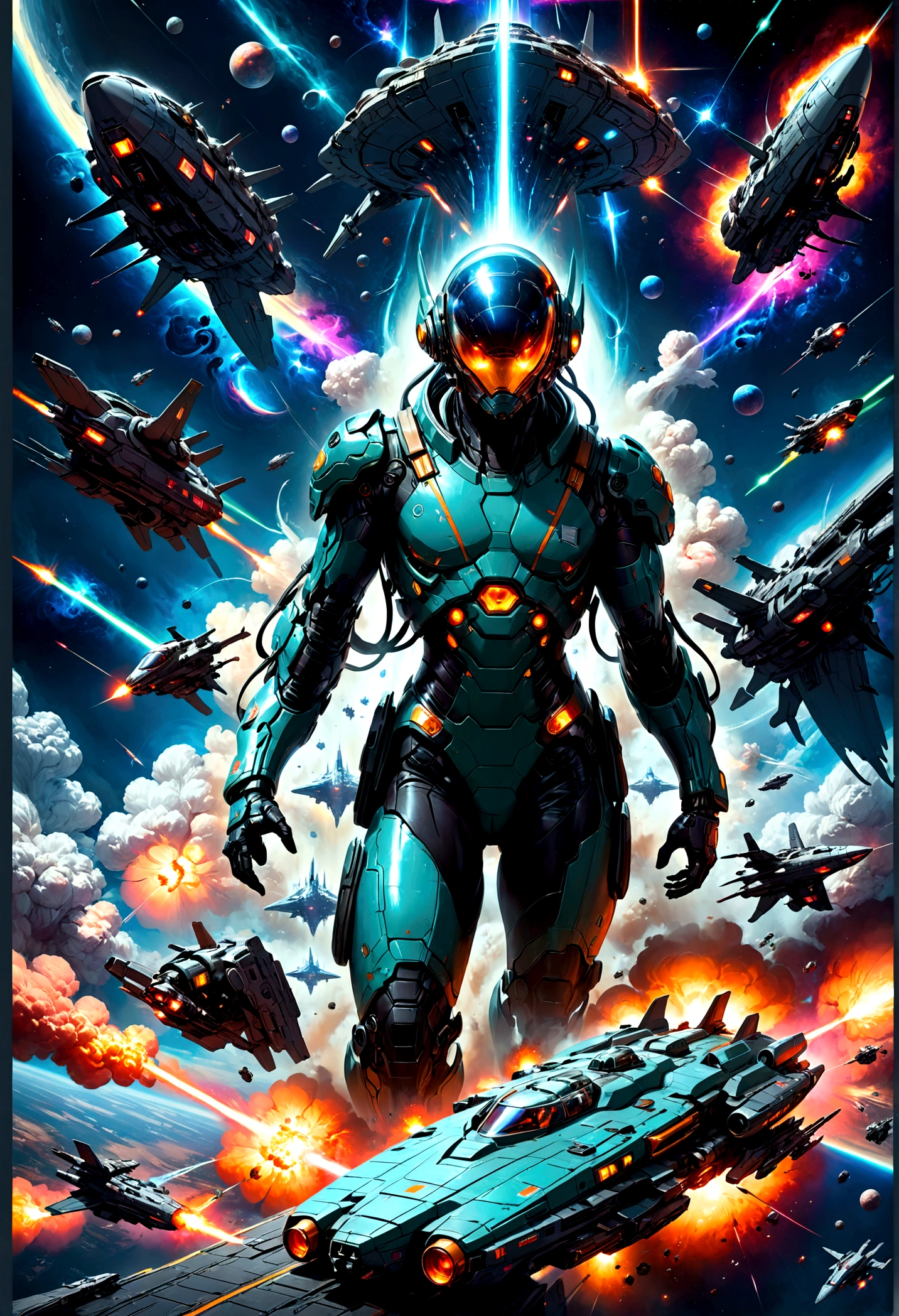 Space War, a futuristic sci-fi space battle, epic spaceship combat, massive explosions, lasers, alien technology, intergalactic warfare, dramatic lighting, cinematic composition, vibrant colors, detailed machinery, sleek spacecraft designs, intense action, heroic pilots, advanced weaponry, nebulae, star fields, cinematic atmosphere, highly detailed, masterpiece, best quality, very aesthetic, absurdres