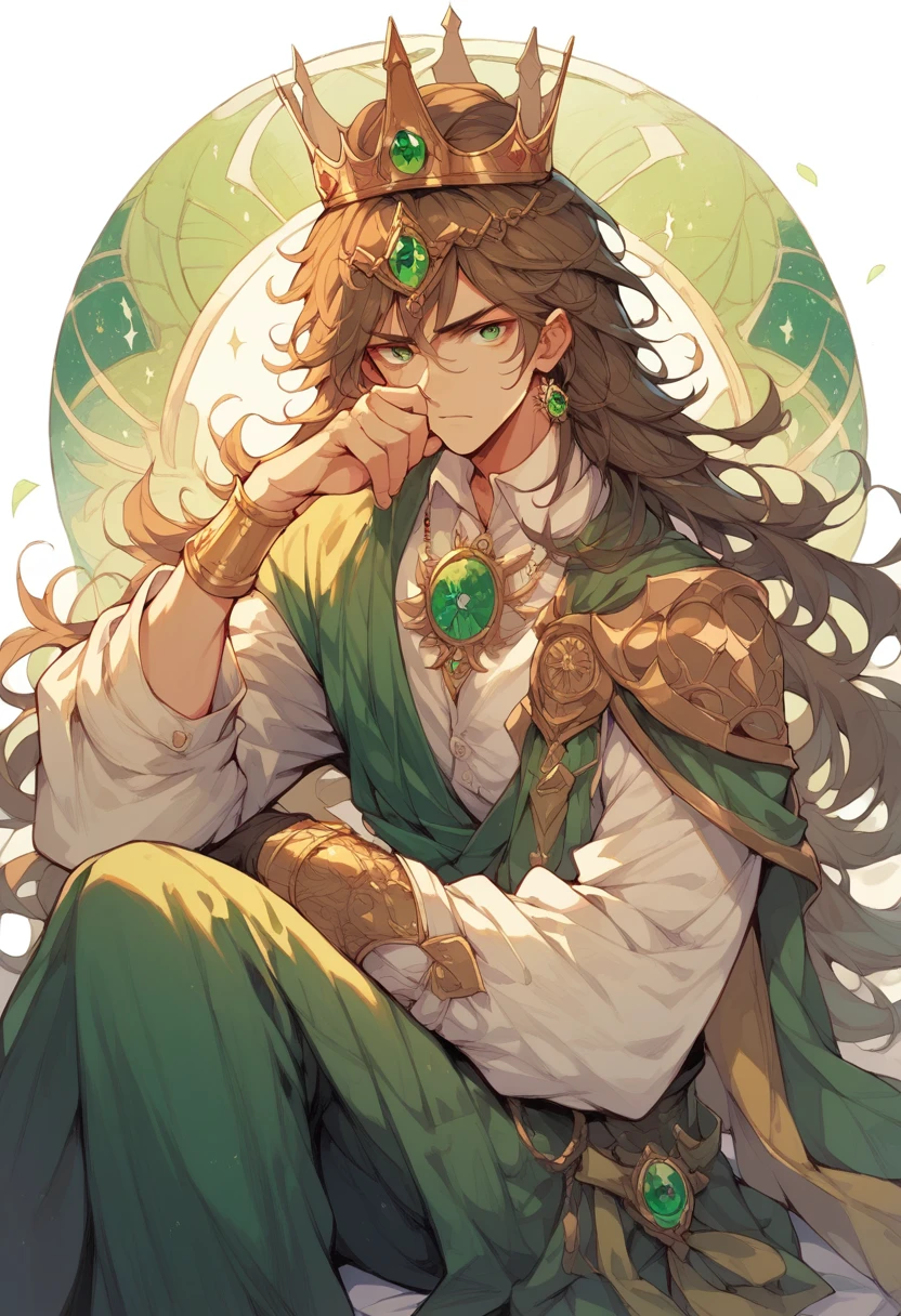 One royalty man sitting on the thrown, brown hair and emerald green eyes, with a crown on 