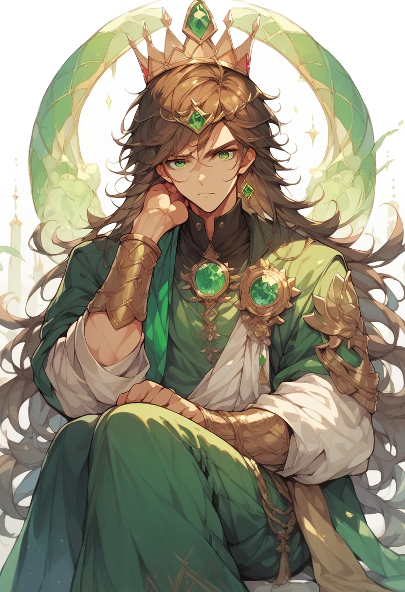 One royalty man sitting on the thrown, brown hair and emerald green eyes, with a crown on