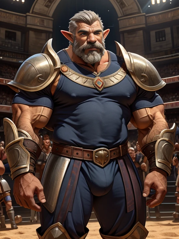 burly virile hairy elf, in a suit of armor, a himbo muscle daddy, middle-aged dilf, hirsute, overmuscular and musclebound, bulging veiny muscles, a warrior's build, a bodybuilder's physique, long bushy and a thick mustache, a square jaw, handsome and dreamy, rugged and manly, grey hair, a gladiator in the arena