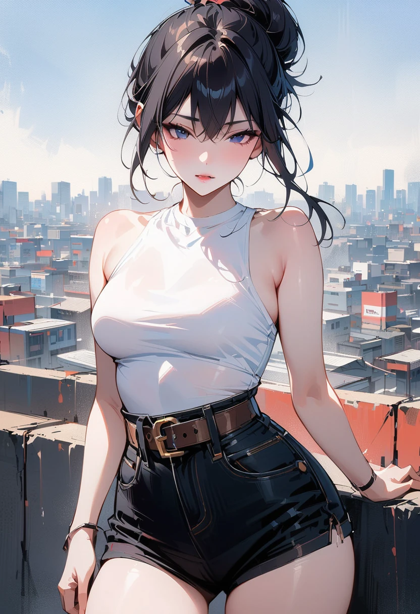 White skin,White skin,white face,white face蛋(masterpiece, best quality:1.2), 1 girl, Solitary , Sexy , (cut off_Jean), White top ,Cowboy shooting, Black Hair ,Hair Bun, (Tokyo_background) , outdoor