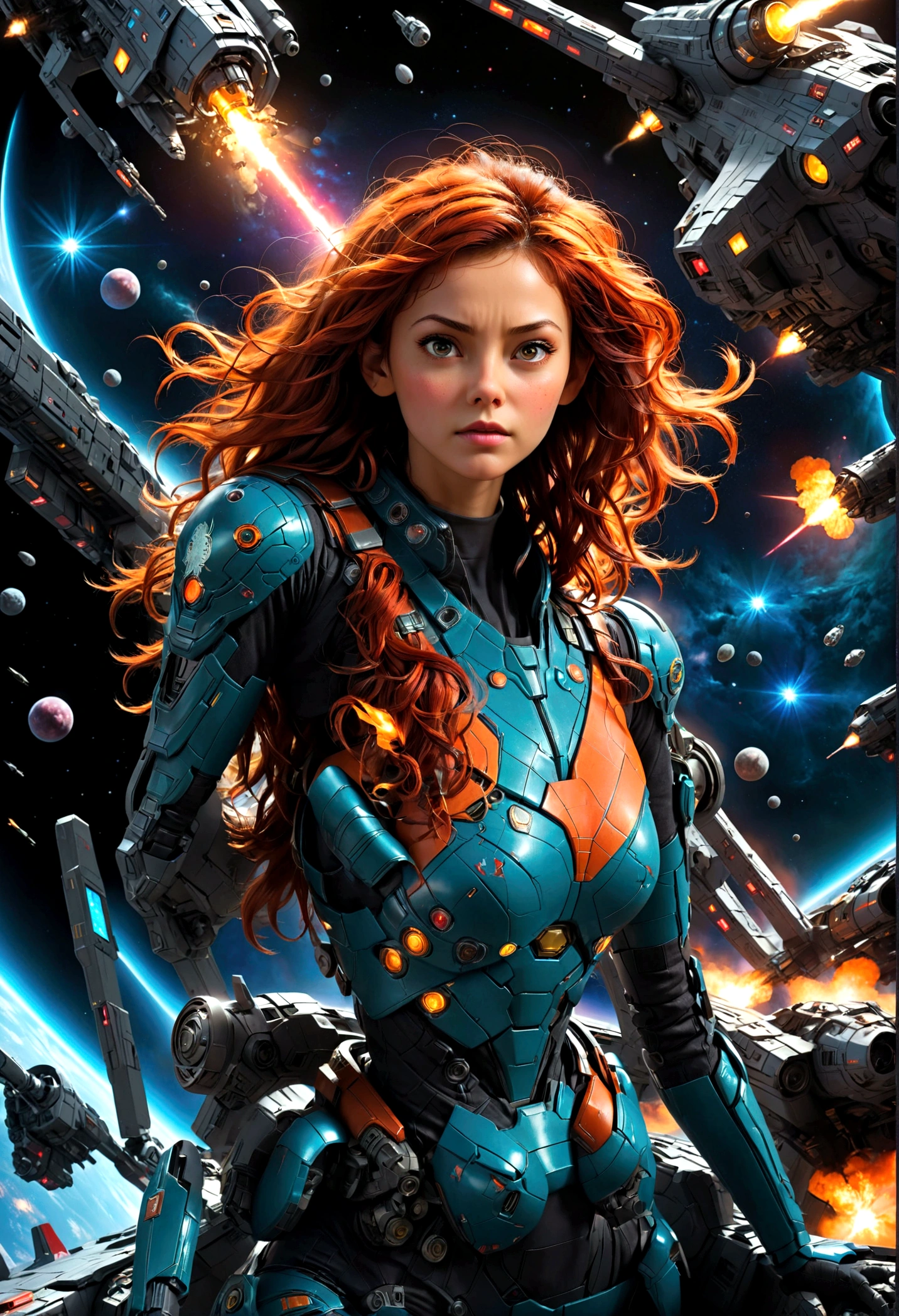 Space War, a futuristic sci-fi space battle, epic spaceship combat, massive explosions, lasers, alien technology, intergalactic warfare, dramatic lighting, cinematic composition, vibrant colors, detailed machinery, sleek spacecraft designs, intense action, heroic pilots, advanced weaponry, nebulae, star fields, cinematic atmosphere, highly detailed, masterpiece, best quality, very aesthetic, absurdres