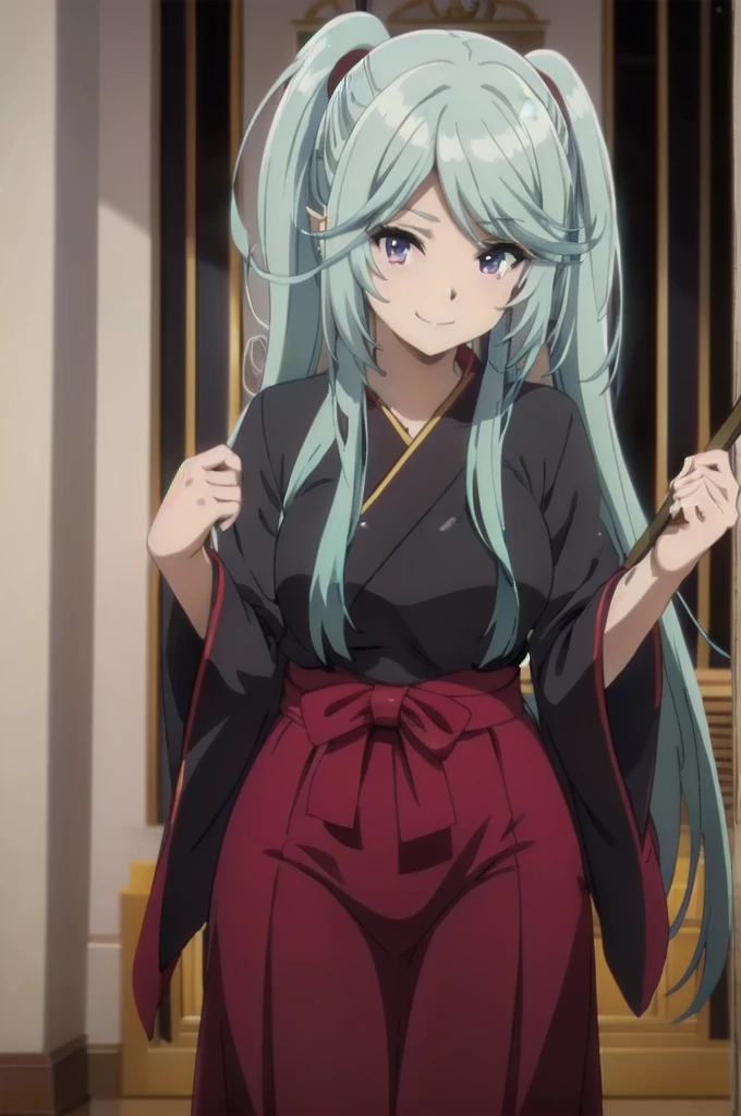 (purple,eyes,blue hair), in miko clothes cleaning the entrance of the Temple, , long hair, ponytail, white robe, (red hakama;1.45), straw broom, Tsurugaoka Hachimangu Temple, cute, kawaii, beautiful, smile posing, looking at viewer, (masterpiece, best quality:1.5) ,high resolution, extremely detailed, trending on pixiv, masterpiece, cinematic lighting, (anime art style:1.45),