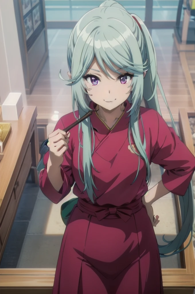 (purple,eyes,blue hair), in miko clothes cleaning the entrance of the Temple, , long hair, ponytail, white robe, (red hakama;1.45), straw broom, Tsurugaoka Hachimangu Temple, cute, kawaii, beautiful, smile posing, looking at viewer, (masterpiece, best quality:1.5) ,high resolution, extremely detailed, trending on pixiv, masterpiece, cinematic lighting, (anime art style:1.45),
