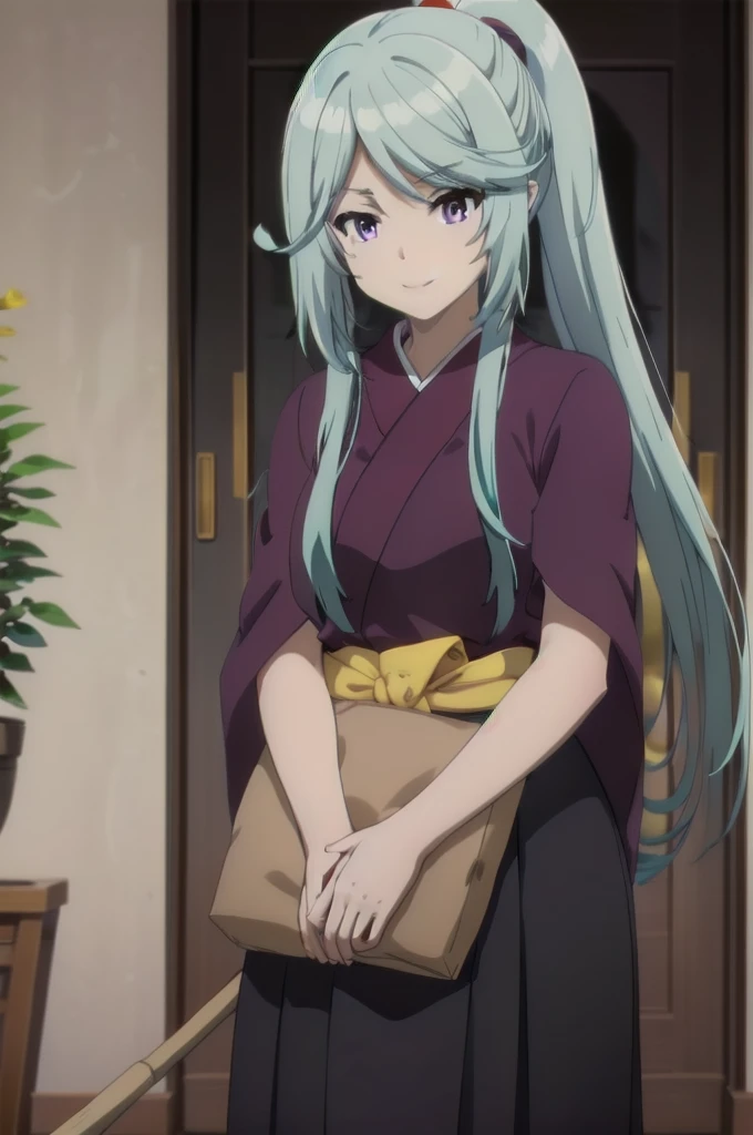 (purple,eyes,blue hair), in miko clothes cleaning the entrance of the Temple, , long hair, ponytail, white robe, (red hakama;1.45), straw broom, Tsurugaoka Hachimangu Temple, cute, kawaii, beautiful, smile posing, looking at viewer, (masterpiece, best quality:1.5) ,high resolution, extremely detailed, trending on pixiv, masterpiece, cinematic lighting, (anime art style:1.45),