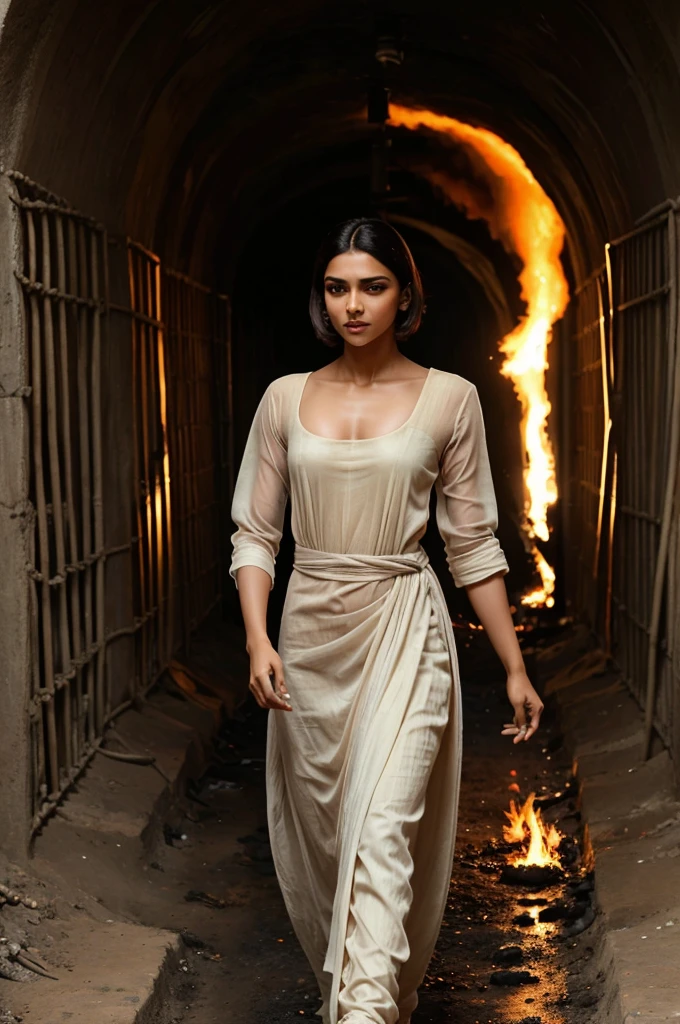 Deepika padukone with short hair in long india prisoner dress walking slowly with hand on her stomach out of tunnel,tunnel ha pipe through which fire is coming out ,bak view
