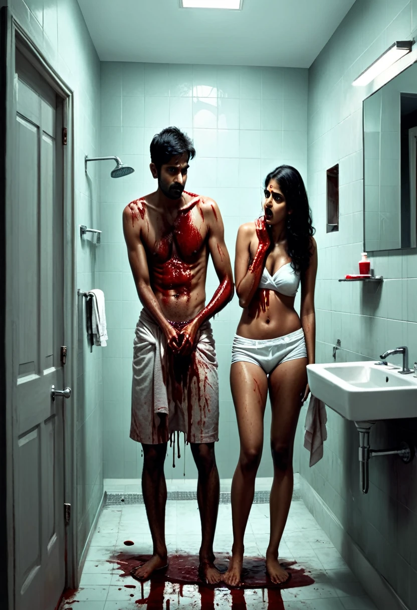a indian male and a indian female doing romance in bathroom, showering, female wearing towel and men wearing a short pant, out of there was a spooky ambience and a horror bloody hand in the mirror of the bathroom
