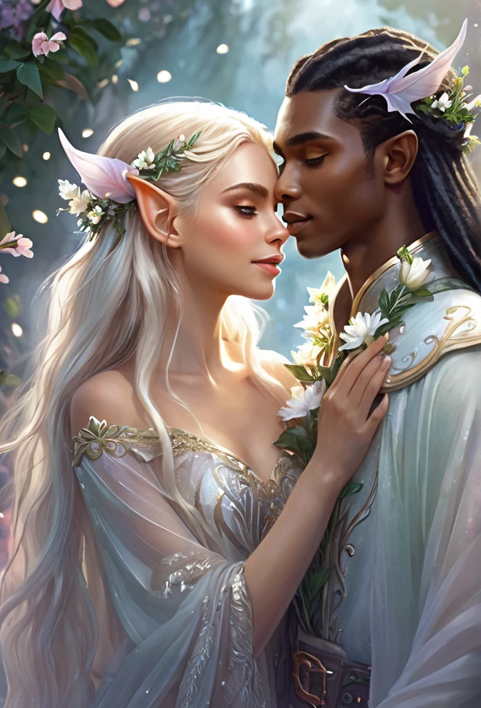 a couple of elves((a boy and a girl)),(beautiful black gir,long curly hair),(handsome blond guy)(elf ears),hugging each other,, sparkling flowers, ,light mist background,delicate, inocente,hiper detailed elf clothes. (high quality),(fantasy illustration),(art work),(refined details)