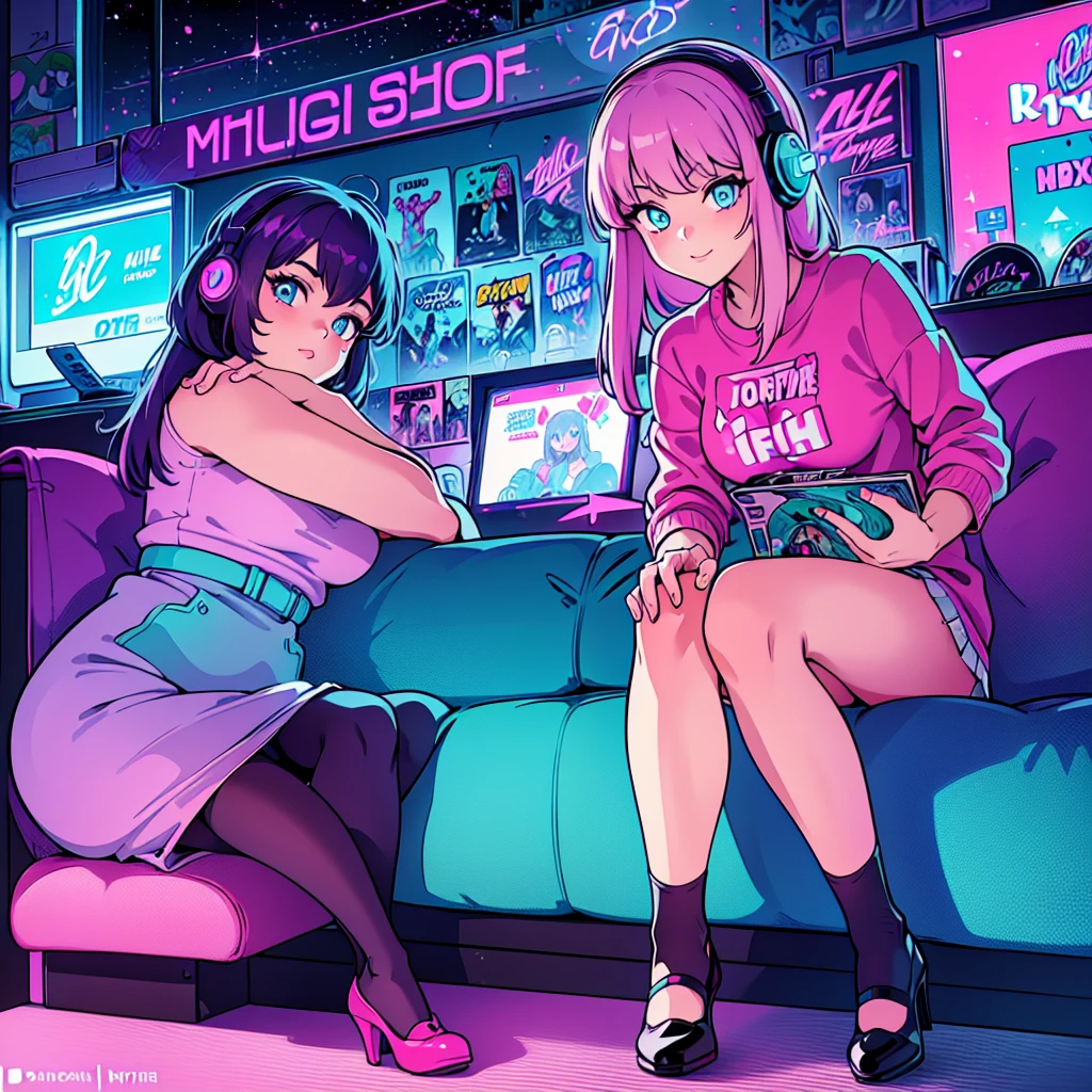 (masterpiece), Highest quality, Expressive eyes, Neon pastel aesthetics, Retro 90s, Neon color,((Girl sitting on sofa,In a cozy room,Records hanging on her wall, Comic books on the floor, Looking out the window behind her at the night city, Upholstered room, Anime figures lined up on a shelf)), Wearing headphones, (All around her it sparkles), (Wearing high socks and heels), (blue eyes), (Soft look), (Synthwave Art Style), Colorful Hair, Desk with PC set up