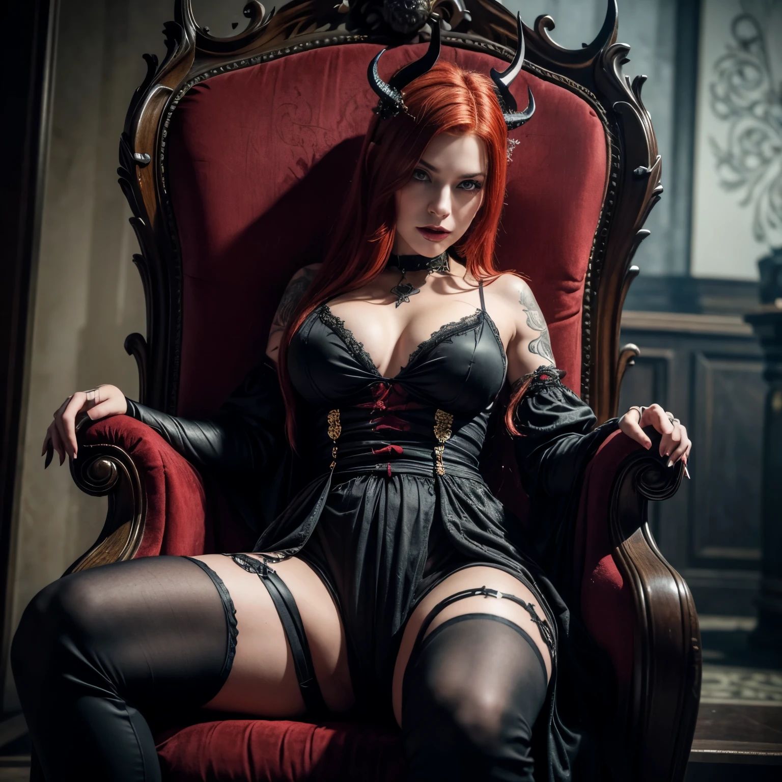 PERFECT MASTERPIECE, EXTREMELY DETAILED CG UNITY 8K UHD QUALITY RESOLUTION WALLPAPER, PHOTOREALISTIC, OFFICIAL ART, PROFESSIONAL CINEMATIC LIGHTING, AWARD-WINNING PORTRAIT, PROFESSIONAL FILM QUALITY, OCTANE RENDERINGA redheaded hot vampire looks you down in the eyes (intensive eye contact) with horns, böses (angseinflösend, sexy) lächeln, blutig, tattooed sitting (beine überlappt) on a throne (big throne), dracula kleid. Gloomy surroundings, Nass, dreckig, nuttig. camera from below
