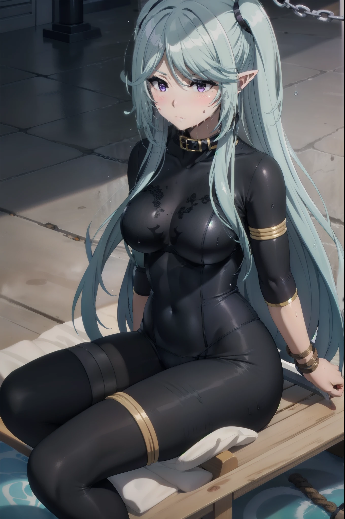 dark blue hair,,long hair,purple eyes,pointy ears,elf,tall,black tight body suit,bondage,tied up,bound,tied wrist,tied legs,blindfold,blush,wet,sweat,rope.collar,leash