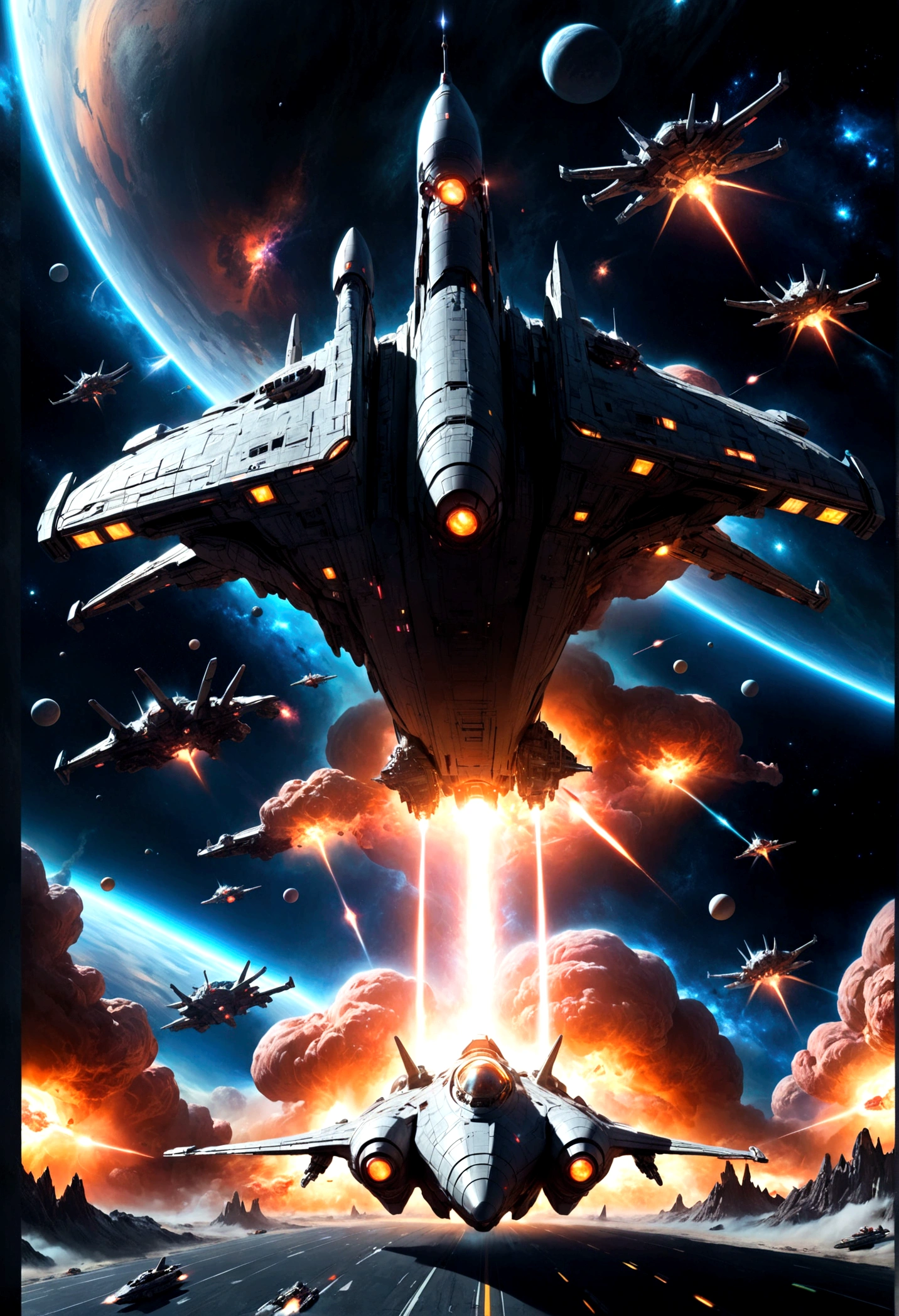 Space War, a futuristic sci-fi space battle, epic spaceship combat, massive explosions, lasers, alien technology, intergalactic warfare, dramatic lighting, cinematic composition, vibrant colors, detailed machinery, sleek spacecraft designs, intense action, heroic pilots, advanced weaponry, nebulae, star fields, cinematic atmosphere, highly detailed, masterpiece, best quality, very aesthetic, absurdres