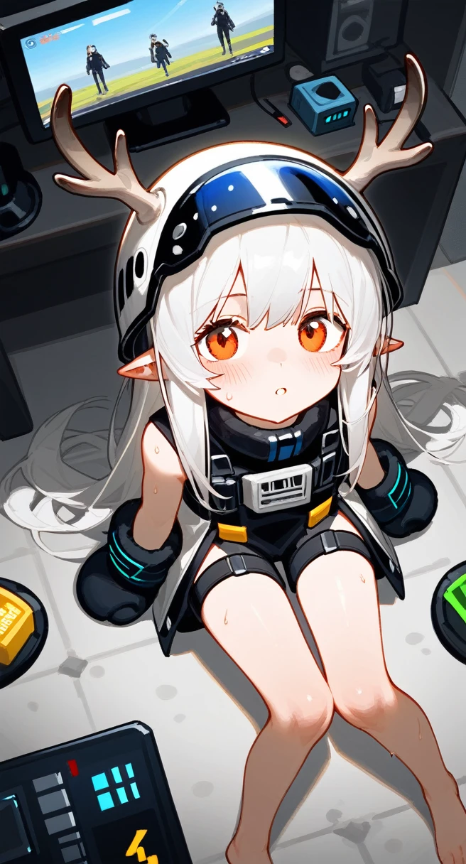 punctuation_9,punctuation_8_High above,punctuation_7_High above,1 girl,muddy stone (arknights),grimy,feet,mitts,helmet,antlers,flooras,Eyes red,Bare feet,pointy ears,breastsout,standing alone,long hair,White hair,black mitts,Toes,helmet de segurança,foco nos feet,gazing at viewer,sitting down,sweat,parted lips,grimy feet,containment,plein-air,sky,bangss,oripathy lesion (arknights),giorno,ssmile,blush,demon antlers,infection monitor (arknights),foreshortening,floor,