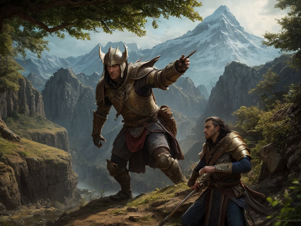 inspiré de Tolkien,À la manière de John Howe,detailed fantasy landscape,enchanted forests,majestic mountains,epic battles,dangerous dungeons,magical creatures,highly detailed armor,best quality,4k,8k,highres,masterpiece:1.2,ultra-detailed,realistic,photorealistic,photo-realistic:1.37,HDR,UHD,studio lighting,ultra-fine painting,sharp focus,physically-based rendering,extreme detail description,professional,vivid colors,bokeh,fantasy art