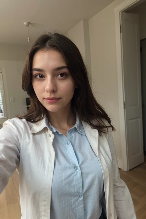 Front camera selfie of a girl in blue coat and white shirt 