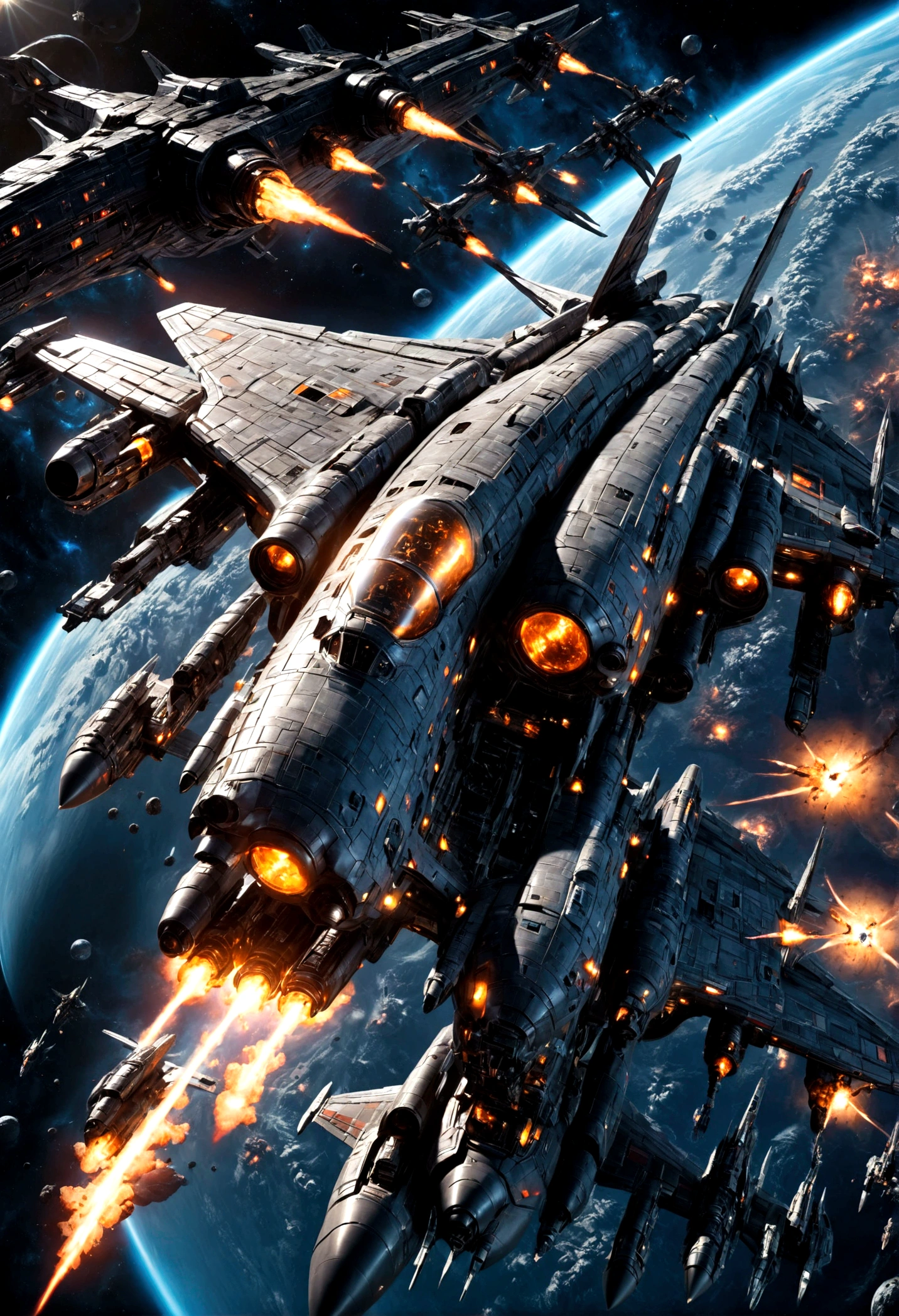 Space War, a futuristic sci-fi space battle, epic spaceship combat, massive explosions, lasers, alien technology, intergalactic warfare, dramatic lighting, cinematic composition, vibrant colors, detailed machinery, sleek spacecraft designs, intense action, heroic pilots, advanced weaponry, nebulae, star fields, cinematic atmosphere, highly detailed, masterpiece, best quality, very aesthetic, absurdres
