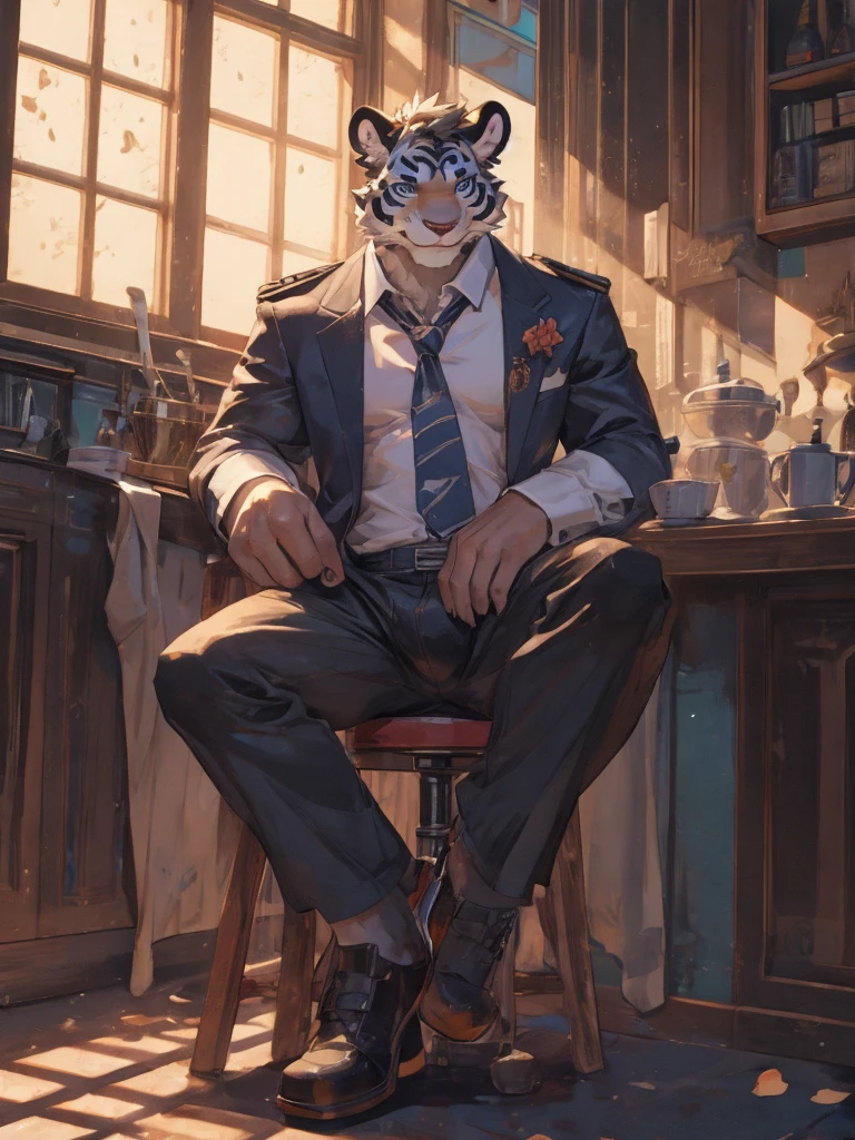 {{bara extremely handsome white tiger,}} {{white fur,}} white, wearing military like purple trench coat, purple trousers, white dress shirt and necktie, white fluffy furry body and limbs, loafers, very tall, very broad shoulders, narrow waist, muscular arms, massive pecs, purple eyes, very long legs, sitting on swivel chair with legs spread, massive bulge, reading file, sophisticated hot look, full body, sunlight casting over, 3/4 view, best quality, high quality, silver earring on left ear, sultry smirk