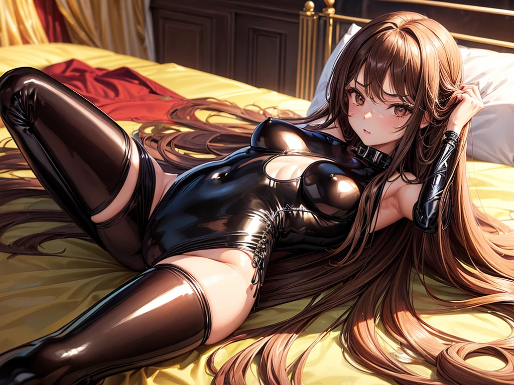 (depict girl in latex, long brown hair, straight hair), ((cute girly room)) , small breasts, greed, laying down, spreading legs, she wants sexe, ((latex leotard)), bound with golden jowels, (breasts point proudly forward), ((nice hipse)), (Masterpiece, Excellent, complex details), delicate girl, delicate face,