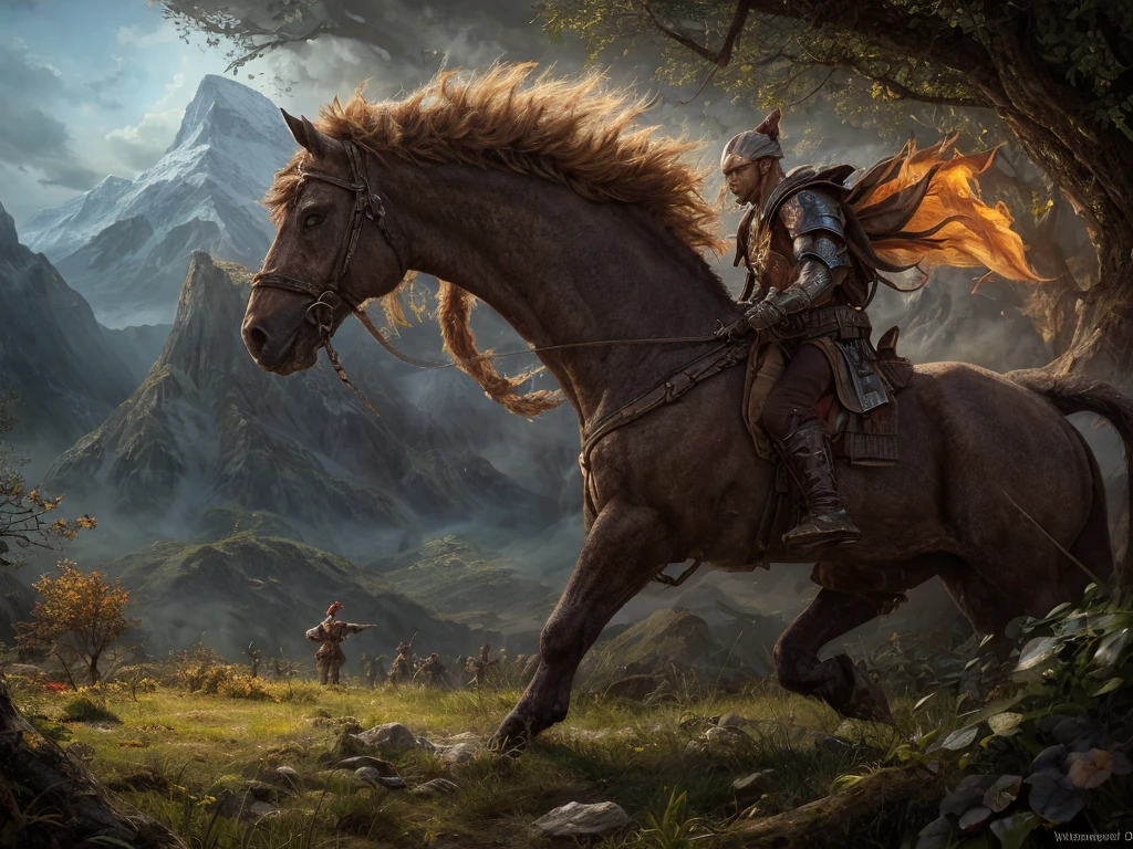 inspiré de Tolkien,À la manière de John Howe,detailed fantasy landscape,enchanted forests,majestic mountains,epic battles,dangerous dungeons,magical creatures,highly detailed armor,best quality,4k,8k,highres,masterpiece:1.2,ultra-detailed,realistic,photorealistic,photo-realistic:1.37,HDR,UHD,studio lighting,ultra-fine painting,sharp focus,physically-based rendering,extreme detail description,professional,vivid colors,bokeh,fantasy art