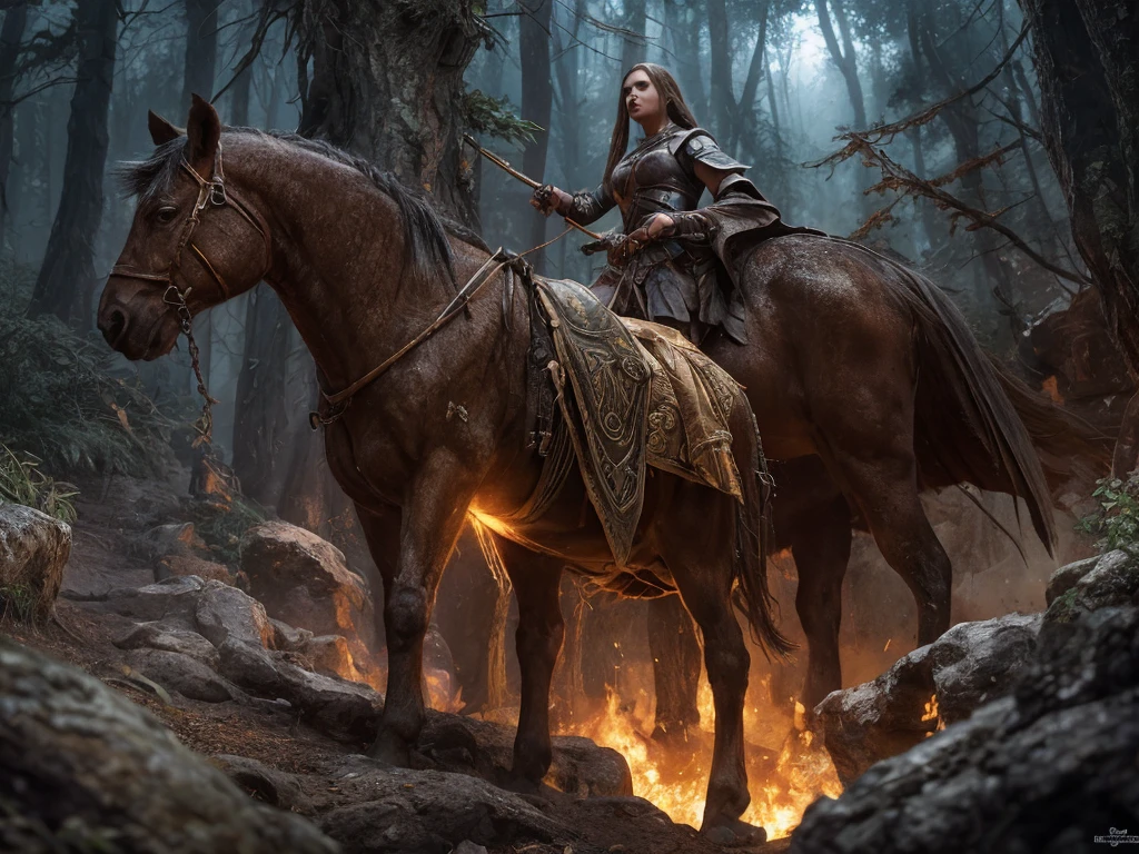 inspiré de Tolkien,À la manière de John Howe,detailed fantasy landscape,enchanted forests,majestic mountains,epic battles,dangerous dungeons,magical creatures,highly detailed armor,best quality,4k,8k,highres,masterpiece:1.2,ultra-detailed,realistic,photorealistic,photo-realistic:1.37,HDR,UHD,studio lighting,ultra-fine painting,sharp focus,physically-based rendering,extreme detail description,professional,vivid colors,bokeh,fantasy art