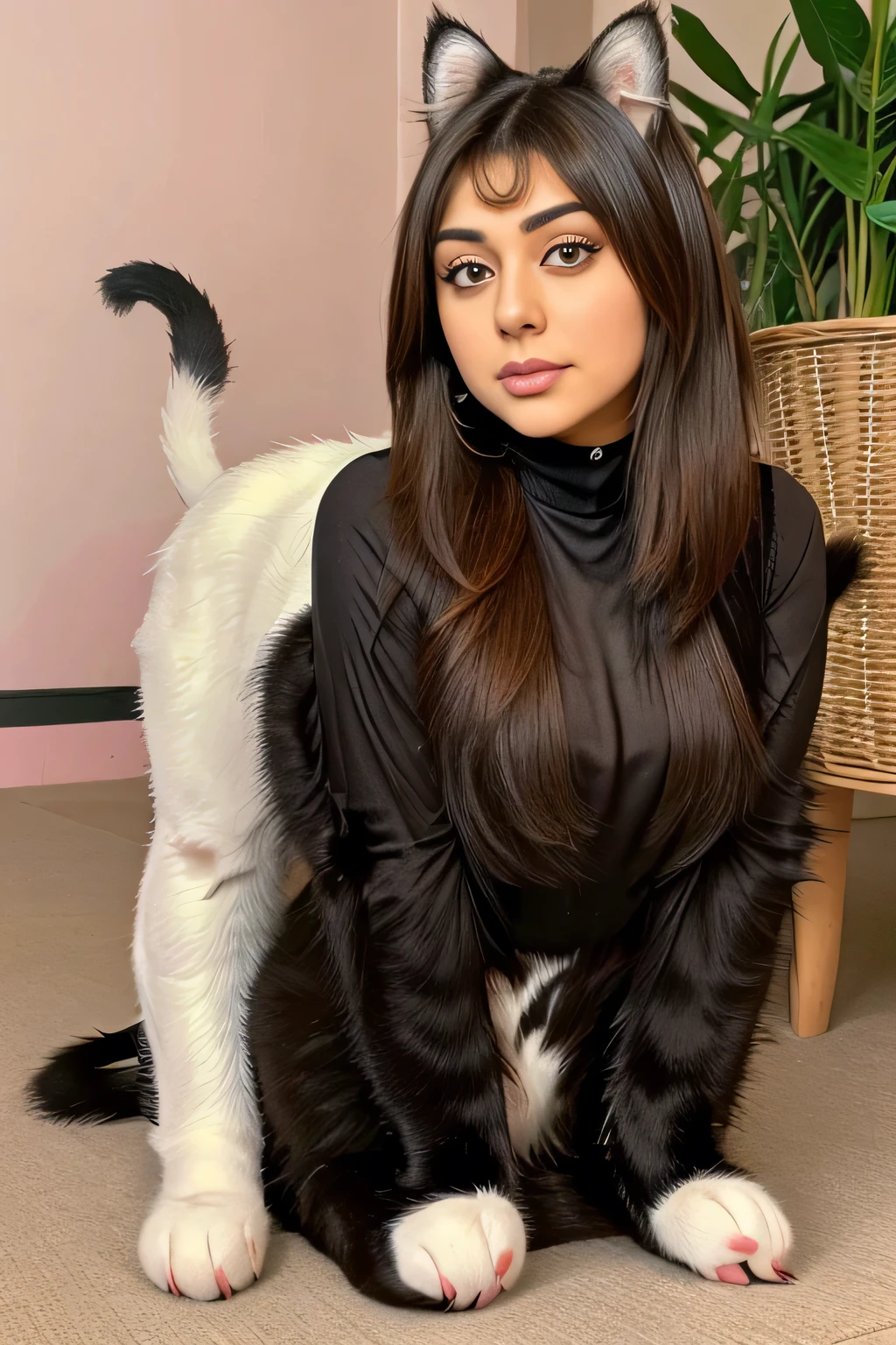 Hansika Motwani is a cat animal, She is a animal but her head looks like girl, from neck to full body looks like cat animal. Cat legs, cat tail. Cat body, cat body, perfect picture, perfect cat animal, real cat animal, Real head replace with real cat head. Exact cat animal. Cat postures.