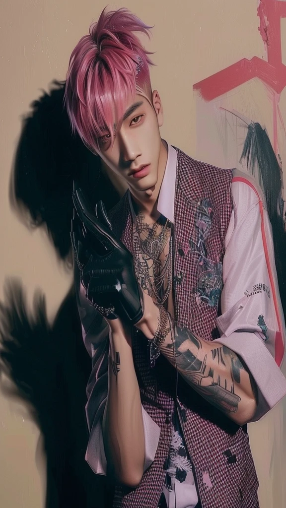 arafed male with black hair and tattoos holding a glove, cai xukun, portrait of jossi of blackpink, hyung tae, inspired by Yanjun Cheng, lil peep, with black hair, yanjun chengt, hong june hyung, taejune kim, jimin, glossy from rain, black iconic character, jungkook, key still