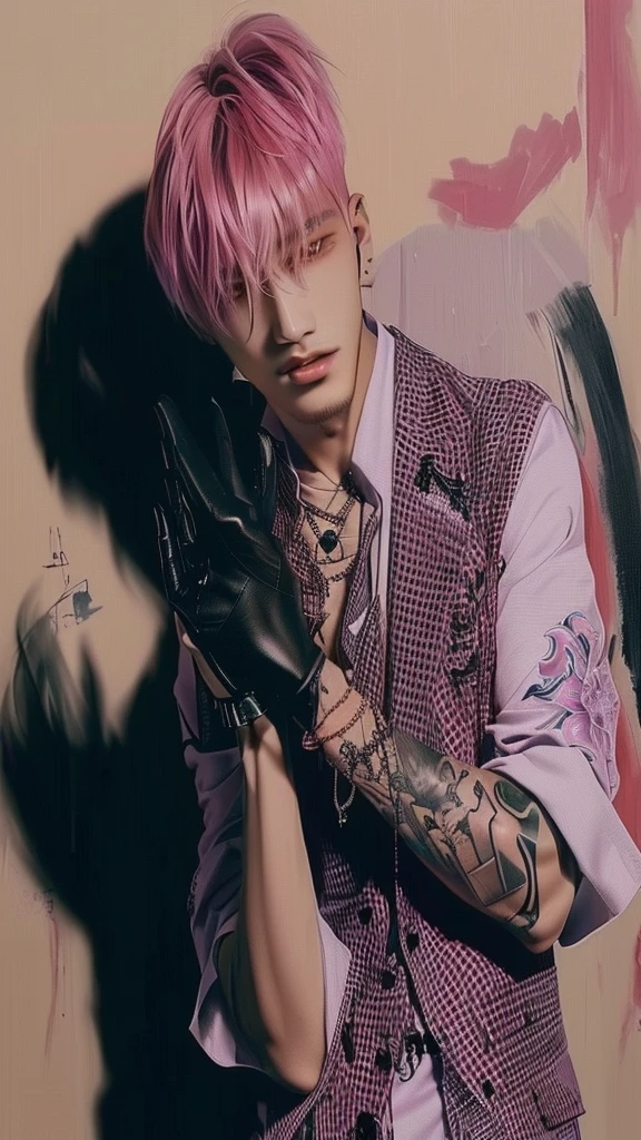 arafed male with black hair and tattoos holding a glove, cai xukun, portrait of jossi of blackpink, hyung tae, inspired by Yanjun Cheng, lil peep, with black hair, yanjun chengt, hong june hyung, taejune kim, jimin, glossy from rain, black iconic character, jungkook, key still