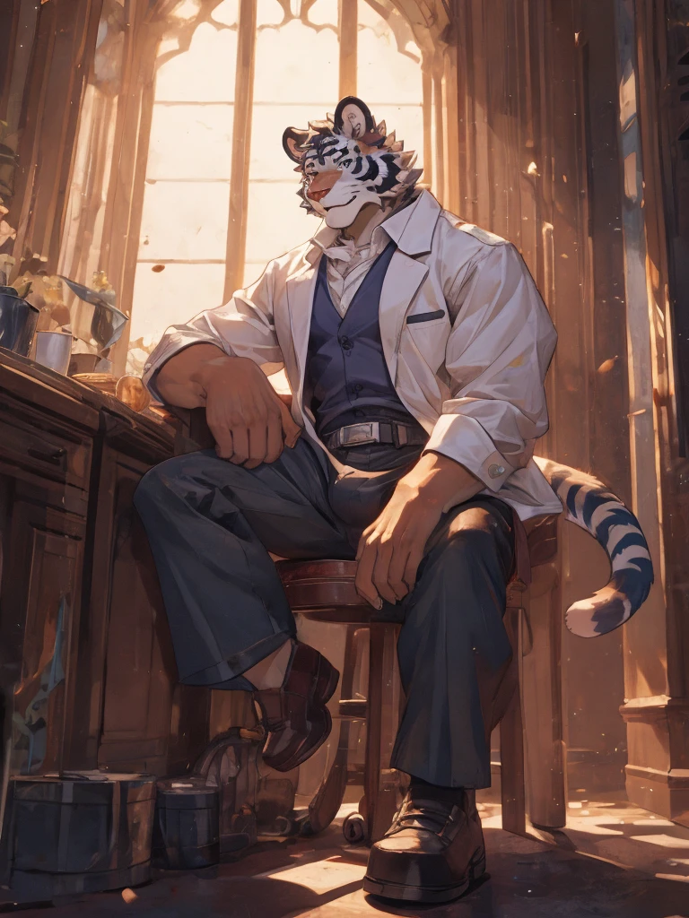 {{bara extremely handsome white tiger,}} {{white fur,}} white, wearing military like purple trench coat, purple trousers, white dress shirt and necktie, white fluffy furry body and limbs, loafers, very tall, very broad shoulders, narrow waist, muscular arms, massive pecs, purple eyes, very long legs, sitting on swivel chair with legs spread, massive bulge, reading file, sophisticated hot look, full body, sunlight casting over, 3/4 view, best quality, high quality, silver earring on left ear, sultry smirk