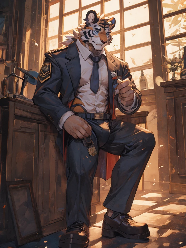 {{bara extremely handsome white tiger,}} {{white fur,}} white, wearing military like purple trench coat, purple trousers, white dress shirt and necktie, white fluffy furry body and limbs, loafers, very tall, very broad shoulders, narrow waist, muscular arms, massive pecs, purple eyes, very long legs,  sitting on swivel chair with legs spread, massive bulge, reading file, sophisticated hot look, full body, sunlight casting over, 3/4 view, best quality, high quality, silver earring on left ear, sultry smirk